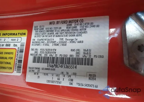 2015 Ford Mustang Gt из США, поврежденный, VIN 1FA6P8CF4F5365514